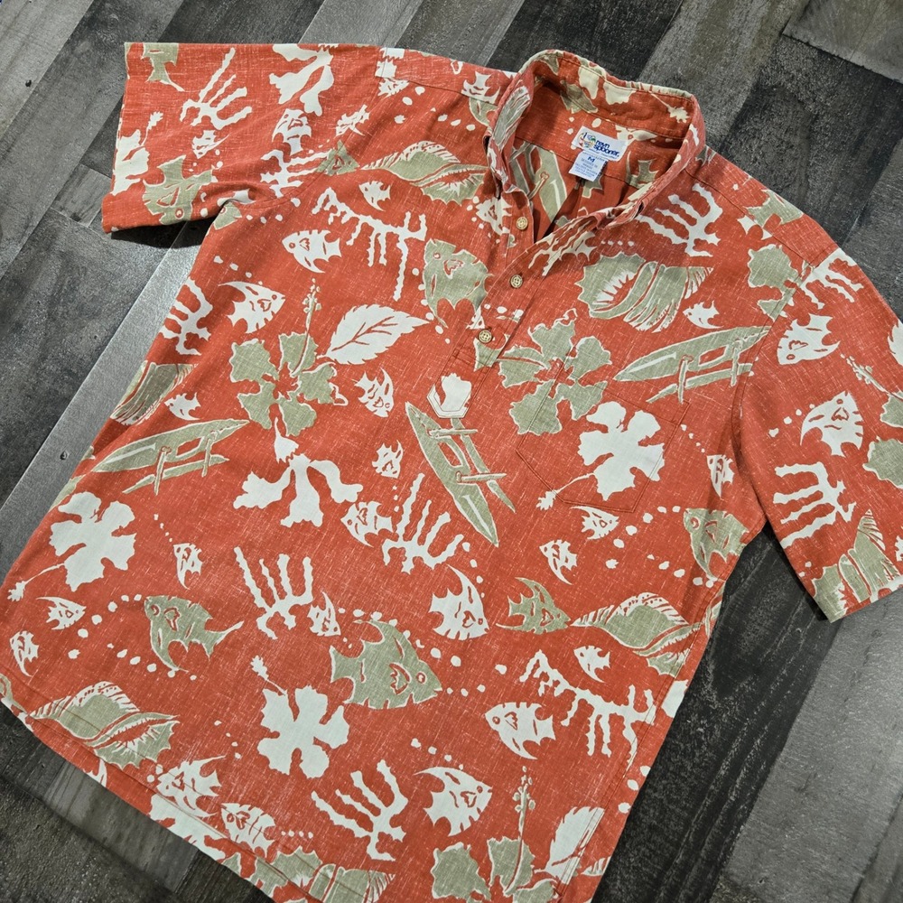 Vintage Reyn Spooner Outrigger Canoe Fish Popover Hawaiian Shirt M Burnt Orange